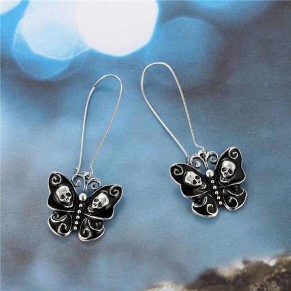 Unique Black Butterfly Skull Dangle Hook Drop Earrings - Picture 4 of 8